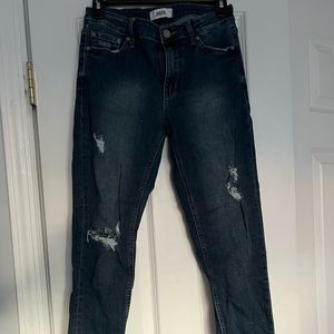 JBD dark wash skinny jeans with frayed bottoms